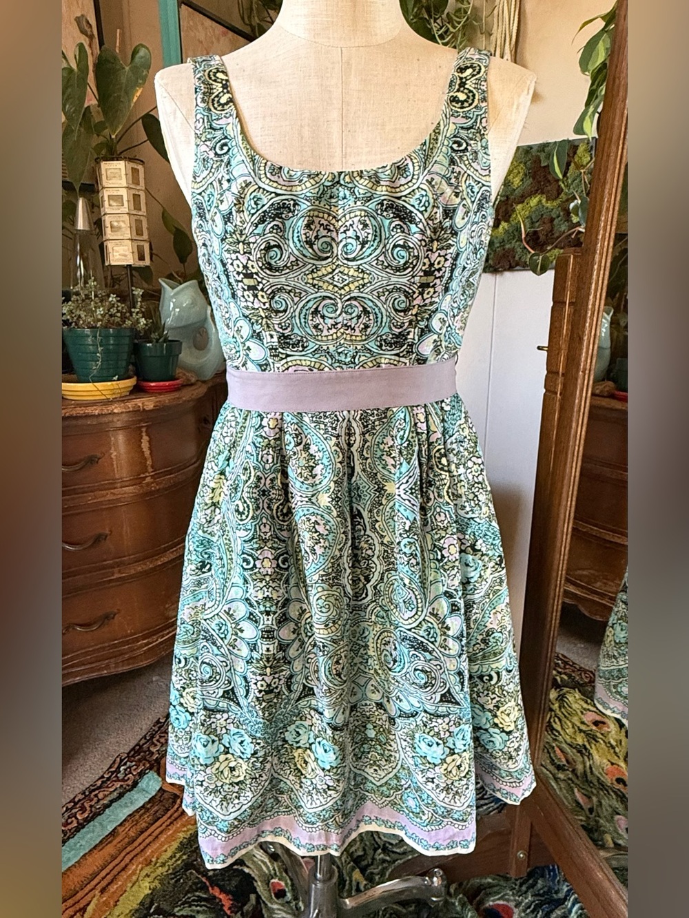 Nine West Mint Green Paisley Fit-and-Flare Dress w/Lilac Sash, Pockets!, size 6